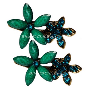 2x Haarspangen Blumen Metall Strass grün gold 8152e